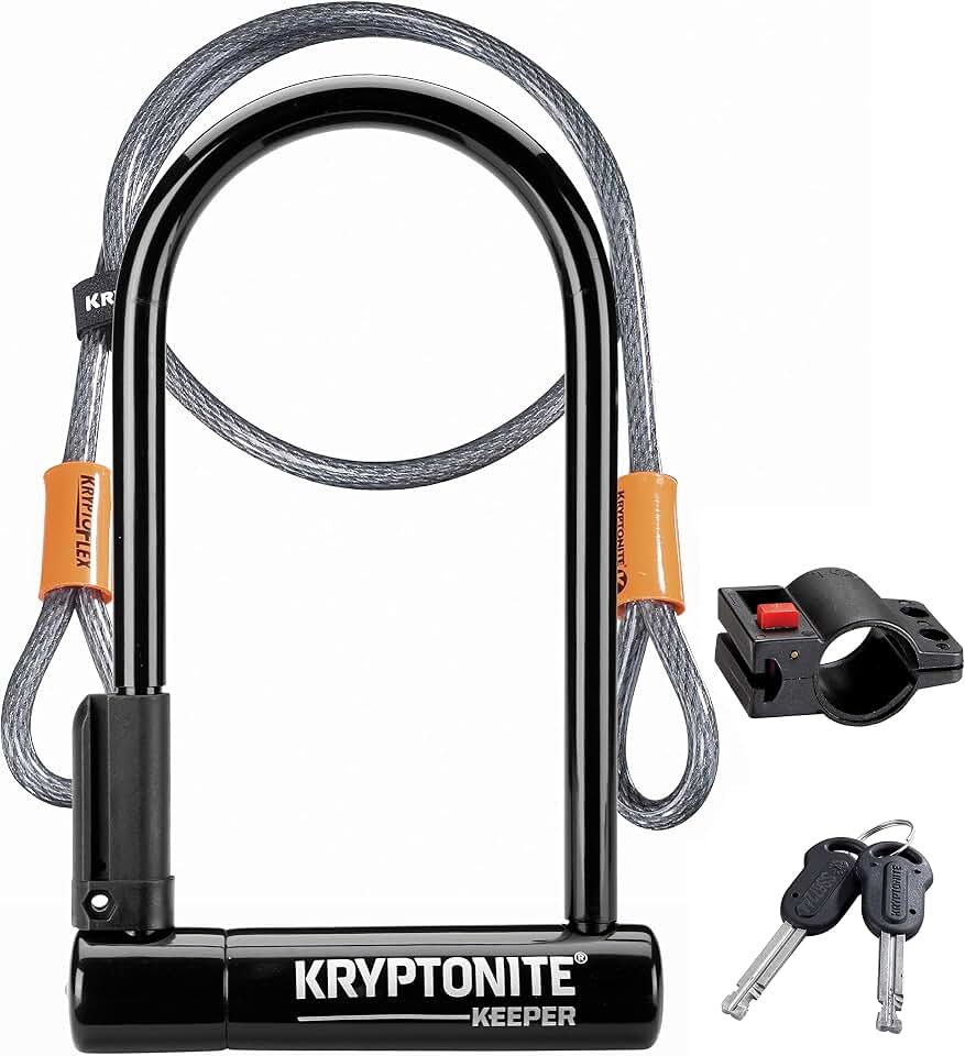 Kryptonite Keeper Standard Bike U-Lock, 12mm Shackle &amp; 4ft Steel Cable | Heavy duty anti-theft bicycle lock with 4 x 8 in interior dimensions, 2 stainless steel keys, and frame mounting bracket.