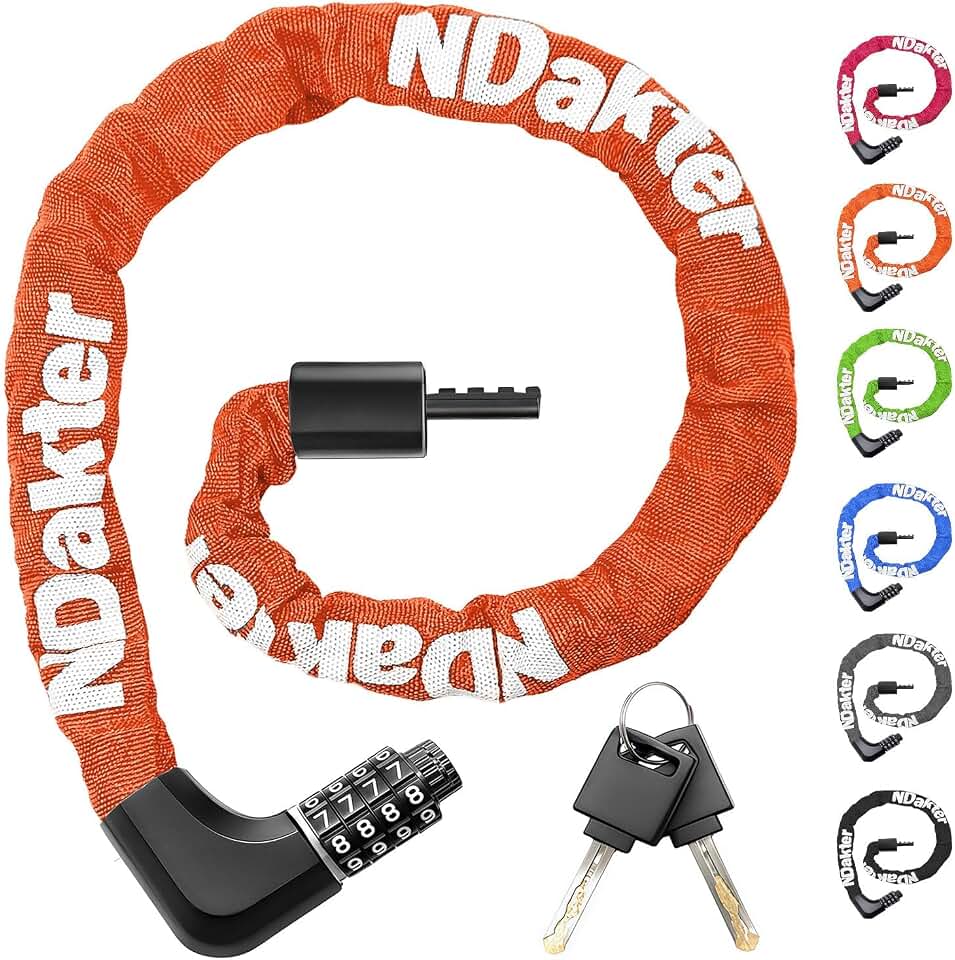 NDakter Upgrade Bike Chain Lock with 4 Digit Combination and 2 Keys, 1.64/2.3/3.2/4.28 Ft Heavy Duty Anti-Theft Bicycle Lock, 2 Ways to Unlock High Security Locks for Ebike, Scooter, Motorcycle, Door