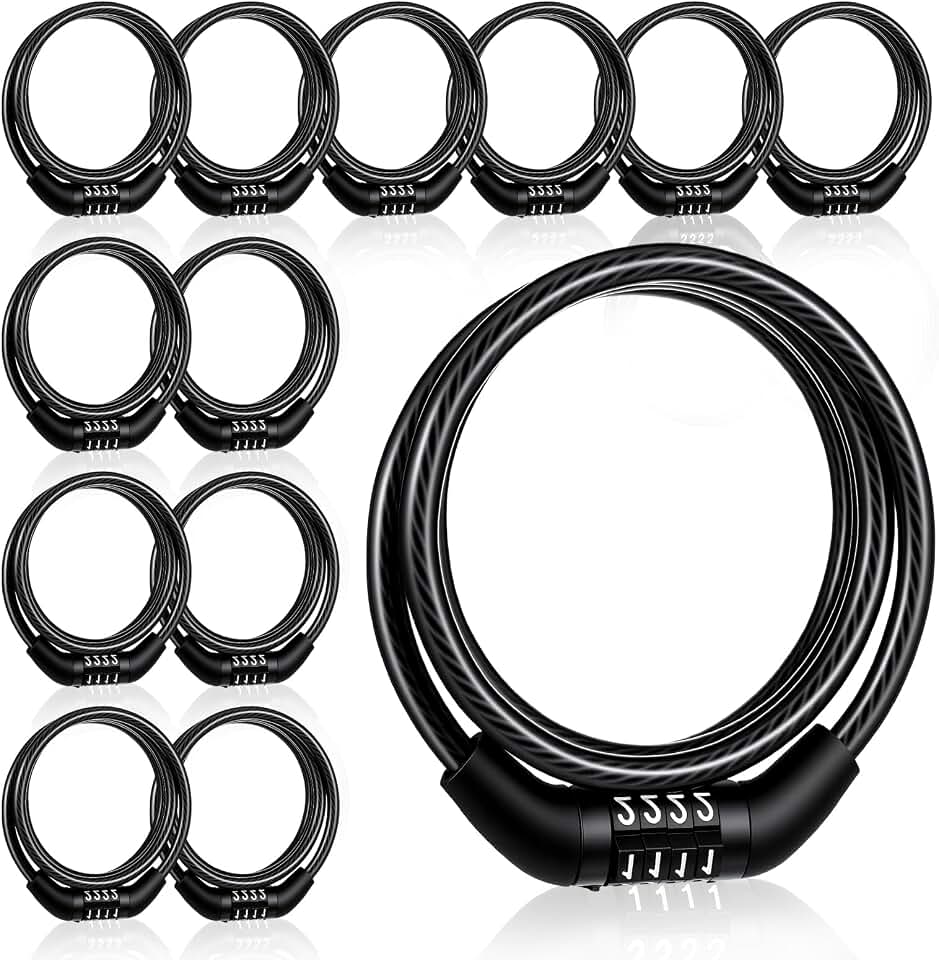 12 Pcs Bike Lock Cable with Combination, 4 Feet Bike Locks Heavy Duty Anti Theft Coiled Preset Bicycle Lock High Security 4 Digit Black Bicycle Cable Locks