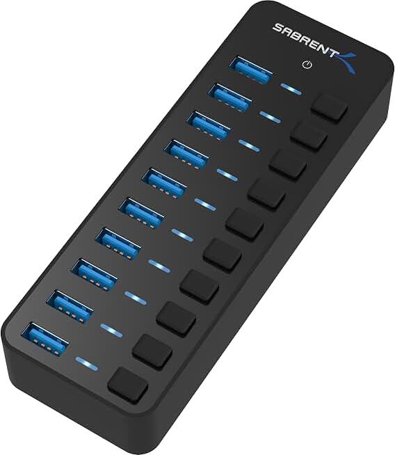 SABRENT 10-Port 60W Powered USB 3.0 Hub, Power Switches &amp; LEDs (HB-BU10) | Individual power switches + LEDs; includes 60W 12V/5A power adapter; for PC &amp; Mac