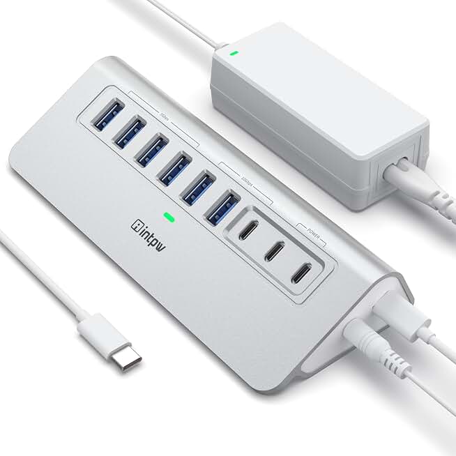 intpw Powered USB Hub 10Gbps, 9-Port USB 3.2/USB C Hub, 65W Power Adapter | 2 USB-A 3.2 + USB-C 3.2 , 2 PD 45W Charging Ports , 4 USB 3.0 , 3.3FT Cable , Aluminum USB Hub for PC,Laptop,iPhone 17/16/15 Recycled Claim Standard Blended