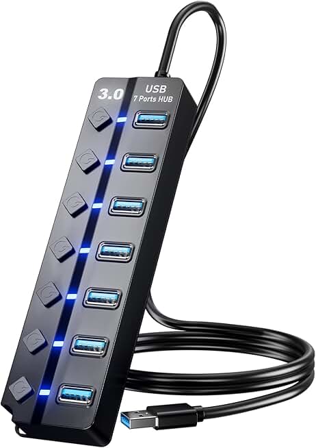 PANPEO 7-Port USB 3.0 Hub On/Off Switches 4ft for Laptop PC | 7-port USB 3.0 hub, Individual on/off switches with LEDs, 5Gbps transfer, 4ft cable, For laptop/PC/PS4/PS5/HDD, Plug and play
