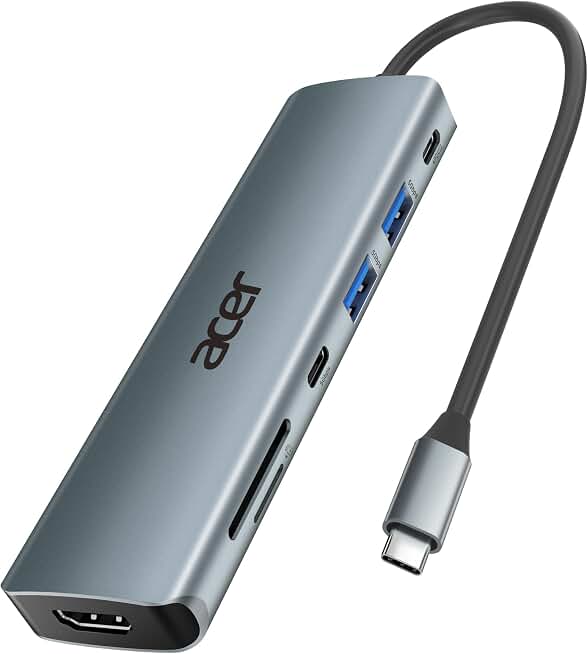 Acer USB C Hub, 7 in 1 Multi-Port Adapter for Laptop/Mac Type C Devices | 4K USB C to HDMI Splitter Hub, 100W Max PD Port, 2 USB 3.0 &amp; 1 USB C Data Ports 5Gbps, SD/TF Card Reader Recycled Claim Standard 100 ClimatePartner certified