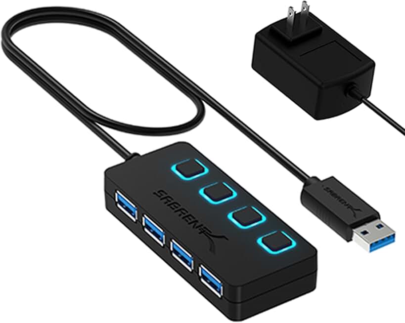 SABRENT 4-Port Powered USB 3.0 Hub, LED Power Switches (HB-UMP3) | Individual LED-lit power switches; includes 5V/2.5A power adapter; for PC &amp; Mac