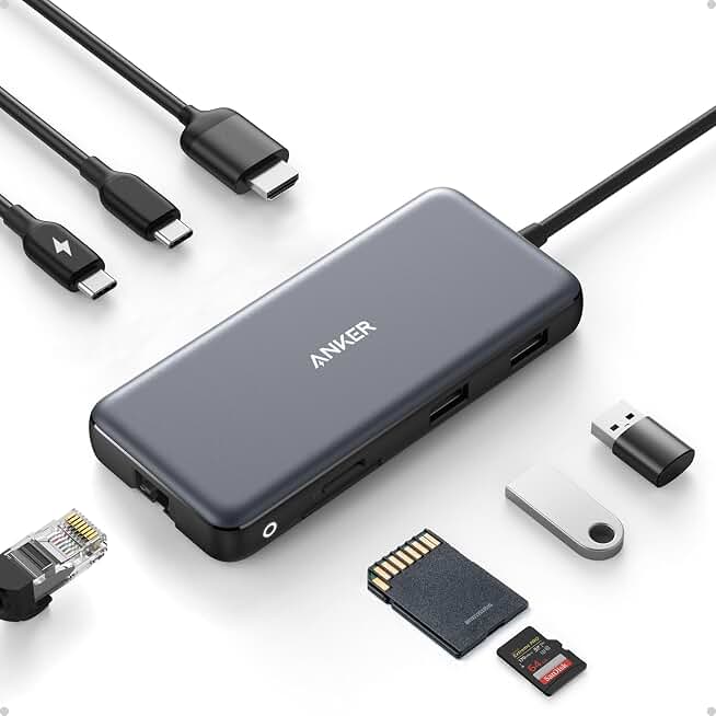 Anker USB-C Hub, 8-in-1 Multiport Ethernet Adapter with 4K@60Hz HDMI Port | 85W Max PD, 10Gbps USB-C &amp; 2 USB-A Data Ports, microSD/SD Card Reader, for USB C Laptops, MacBook Pro, XPS, iPad and More ClimatePartner certified Reducing CO2