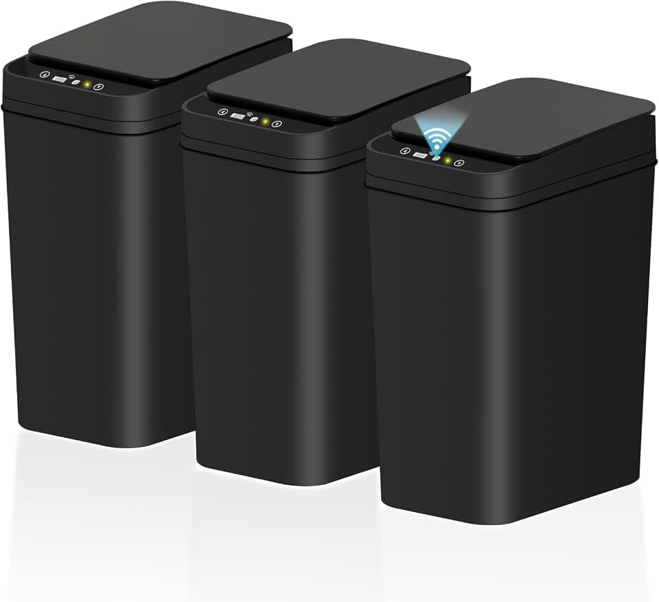 Bathroom Small Trash Can with Lid, Automatic Garbage Can, 2.6 Gallon | 3 Pack Touchless Slim Waterproof Motion Sensor Smart Trash Bin for Bedroom, Office, Living Room-Black