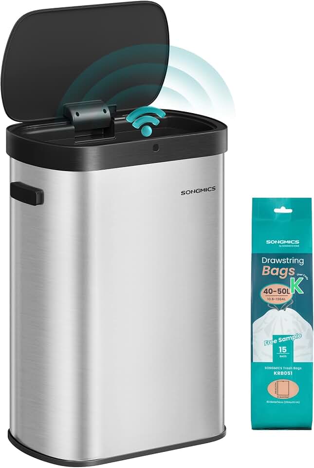 SONGMICS Motion Sensor Trash Can, 13 Gallon (50 L), Soft-Close Lid | Automatic Garbage Can, Wave or Touch to Open, with 15 Trash Bags, Stainless Steel, Metallic Silver and Ink Black ULTB640E01 Global Recycled Standard