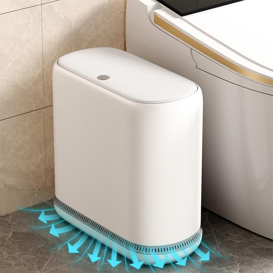 Small Bathroom Trash Can with Lid, 3 Gallon Slim Garbage Bin with Pop-Up Lid &amp; Air-Pressure Bag Lock, Mini Waste Basket for Bathroom, Bedroom, Kitchen, Office, Rv, White - Includes 75 Bags (5 Rolls)
