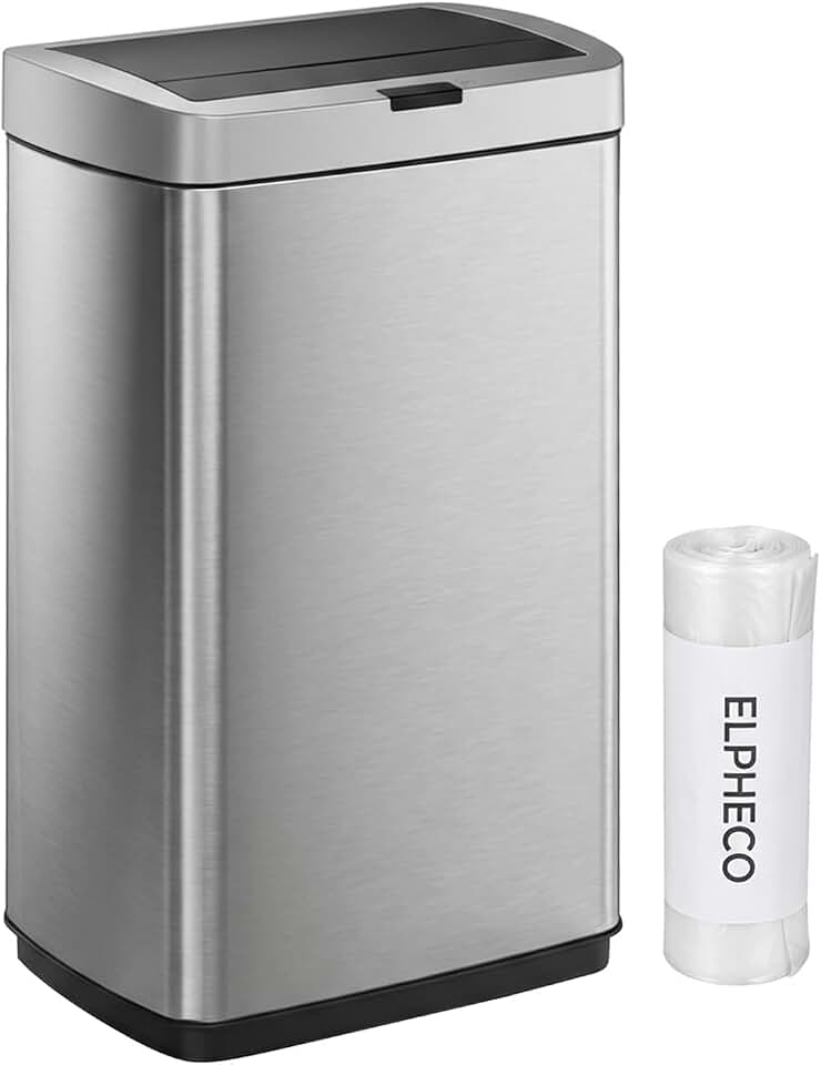 ELPHECO 50 Litre Kitchen Trash Can with Lid 13.2 Gal Automatic Garbage Can | Brushed Stainless Steel Kitchen Trash Can with 10 Bags Upgraded Silent-Closing, Fingerprint-Resistant, Kitchen Office, Silver