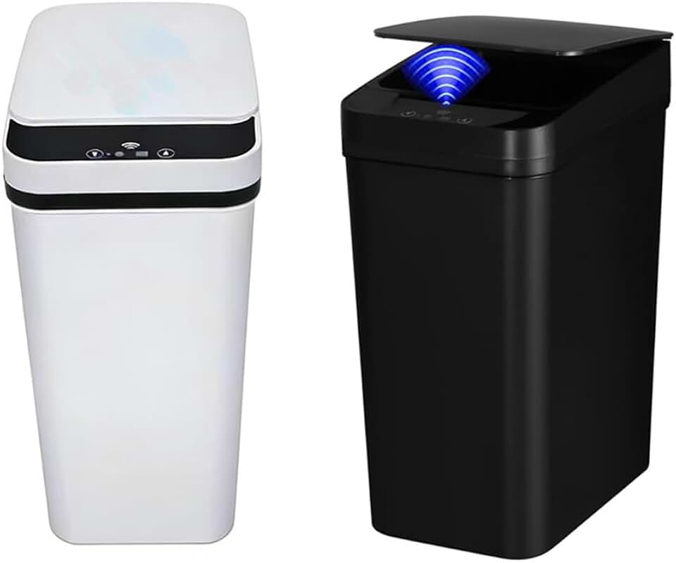 2 Pack Bathroom Trash can,Smart Touchless Trash Can,Automatic Motion Sensor Trash Bin with Lid,2.4 Gallon Garbage Can, Kitchen, Bathroom, Office, Bedroom Trash can (Black+White)