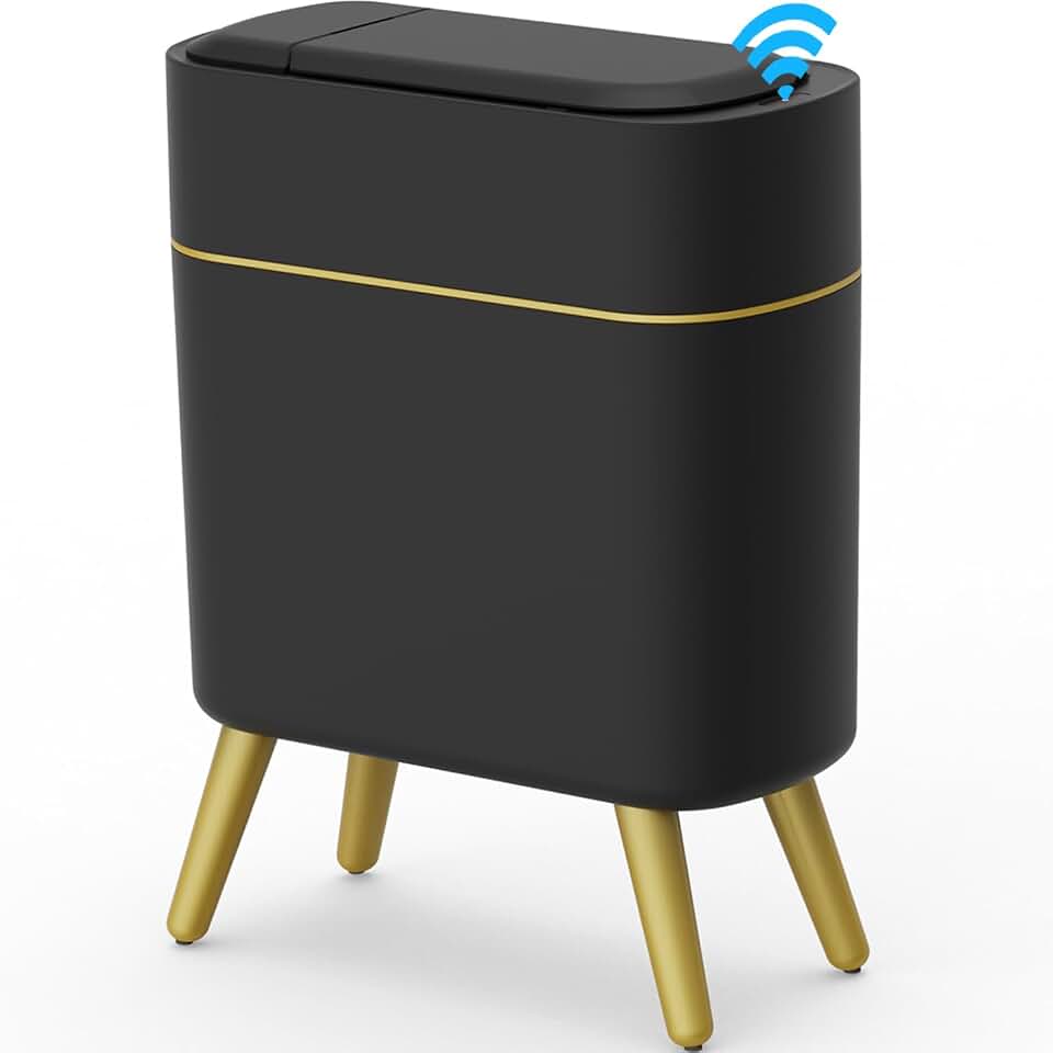 Yatmung Bathroom Trash Can Automatic Touchless - Modern Smart Trash Bin | Narrow Waste Basket for Bedroom, Laundry Room, Office, Plastic - Motion Sensor Garbage Can with Lid - Black with Gold Edge