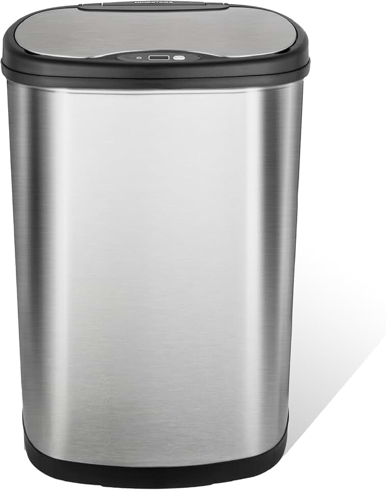 Ninestars 13 Gallon Oval Automatic Trash Can, 50L Touchless Motion Sensor Garbage Can with Odor-Sealing Lid &amp; One-Touch Manual Mode, Silver Stainless Steel, Black Trim