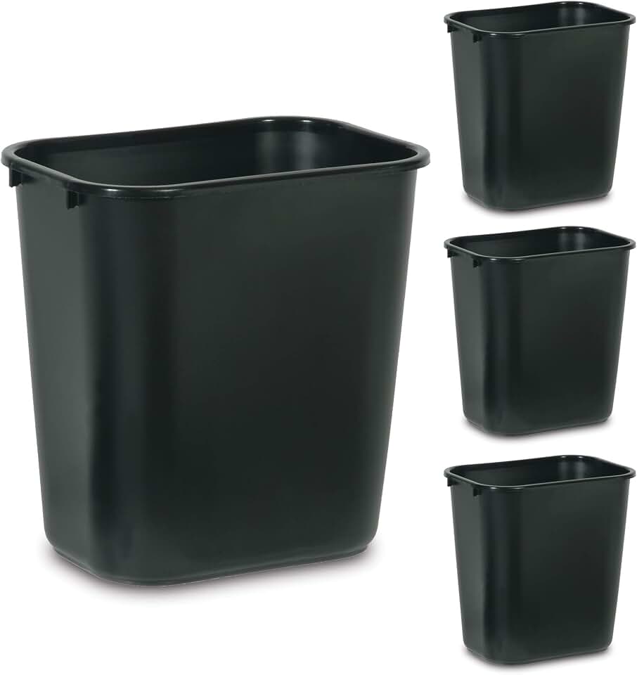 Rubbermaid Commercial Products Wastebasket/Trash Can, 7-Gallon/28-Quart, Black, Plastic, for Bedroom/Bathroom/Office, Fits Under Desk/Sink/Cabinet, Pack of 4