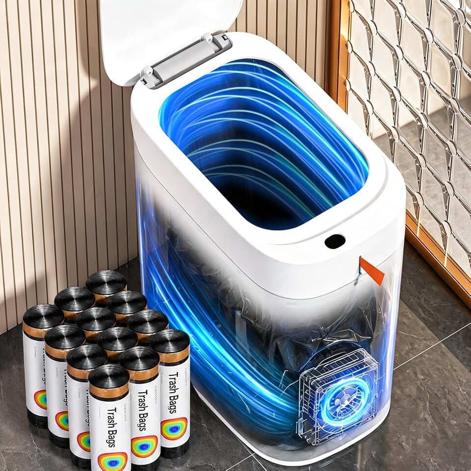 MOPUP Bathroom Trash Can,Includes 180 Drawstring Trash Bags. | Automatic Bagging Garbage Can,3.5Gallon Slim Smart Small Trash Bin,Motion Sensor Trash Can for Office,White,USB not included