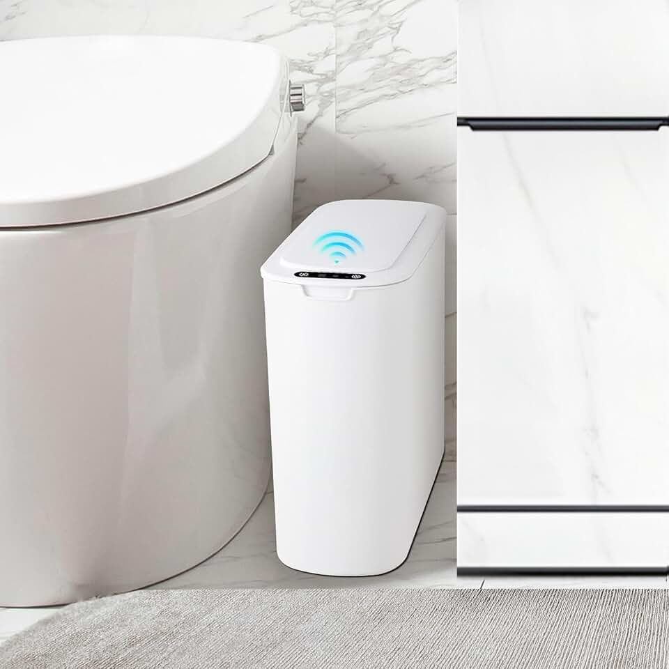 TIPGO Automatic Small Bathroom Trash Can with Lid, 2.6 Gallon, White | Motion Sensor, Plastic, Touchless, Odor Control, Smart Garbage Can, Battery Operated, Manual Button, for Bedroom, Office