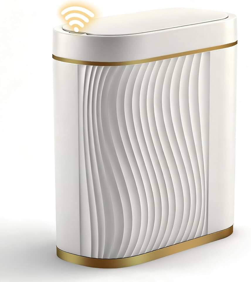 FreSup Motion Sensor Bathroom Trash Can with Lid, Automatic Small Trash Bin | IPX5 Waterproof, Aesthetic, Whisper Quiet, Slim Garbage Can for Bedroom, Restroom, Office, Smart White and Gold WasteBasket