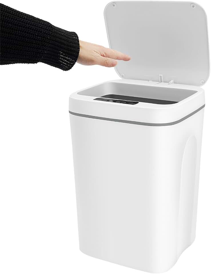Touchless Trash Can 4 Gallon, Motion Sensor Automatic Trash Can with LED Light, IPX5 Waterproof Smart Waste Bin for Kitchen Bathroom Bedroom, White Rectangular Garbage Can, 8.66x7.87Inch