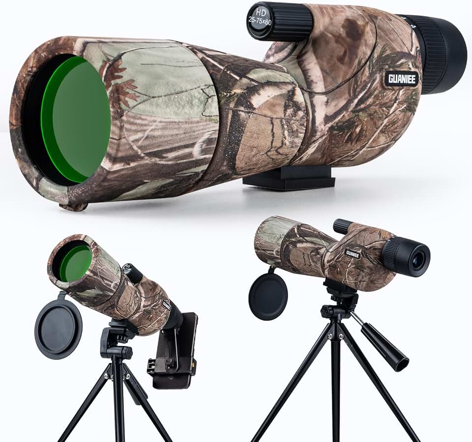 25-75x60 Spotting Scope for Target Shooting with Tripod Carrying Bag and Phone Adapter Spotter Scope for Bird Watching Wildlife Viewing Hunting Camo
