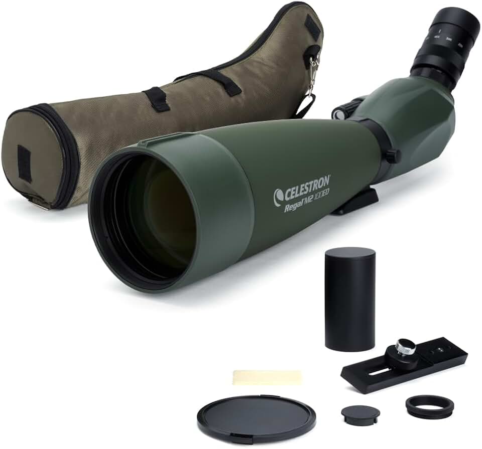 Celestron Regal M2 100ED Spotting Scope with Zoom Eyepiece for Long-Range | Birding &amp; Outdoor Activities, Rotating tripod mount, Phase, Dielectric Coated BaK-4 Prism, Fully Multi-Coated Optics