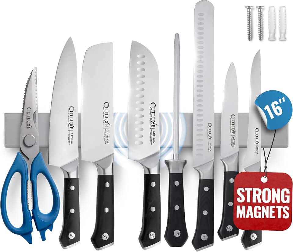 Cutluxe Magnetic Knife Holder for Wall &amp; Fridge, 16" Knife Magnetic Strip | Stainless Steel Bar Holds up to 15 Lbs, Easy Mount with Strong Magnets or Screws