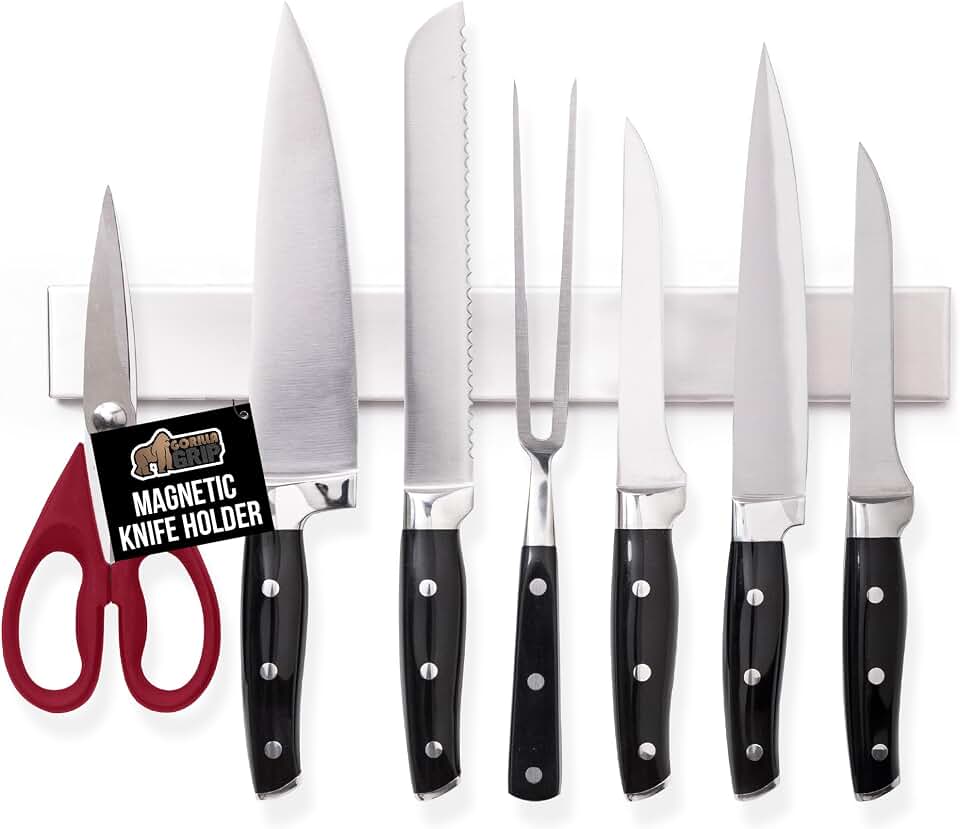 GORILLA GRIP 304 Stainless Steel Magnetic Knife Holder Strip, 10 Inch | Heavy Duty and Secure Wall Mounted Bar for Knives, Tools, Holds Up to 6 lbs, Kitchen Home Organizer, Easy Installation