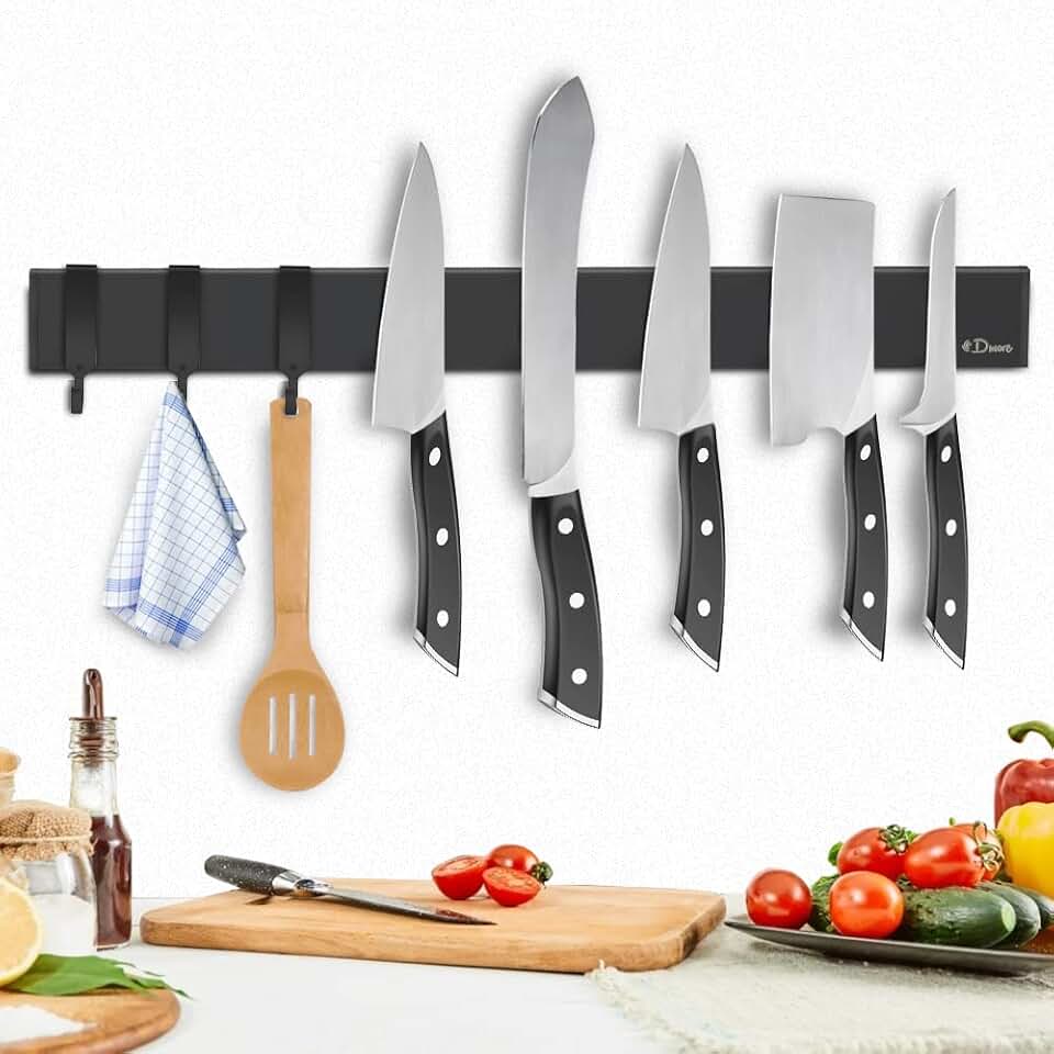 Dmore magnetic knife holder for wall—with 3 hooks, No Drilling, 16 Inch | Black knife magnetic strip, Powerful knife magnet rack, include Adhesive Tape and screws for Knives, Utensils, and Tools