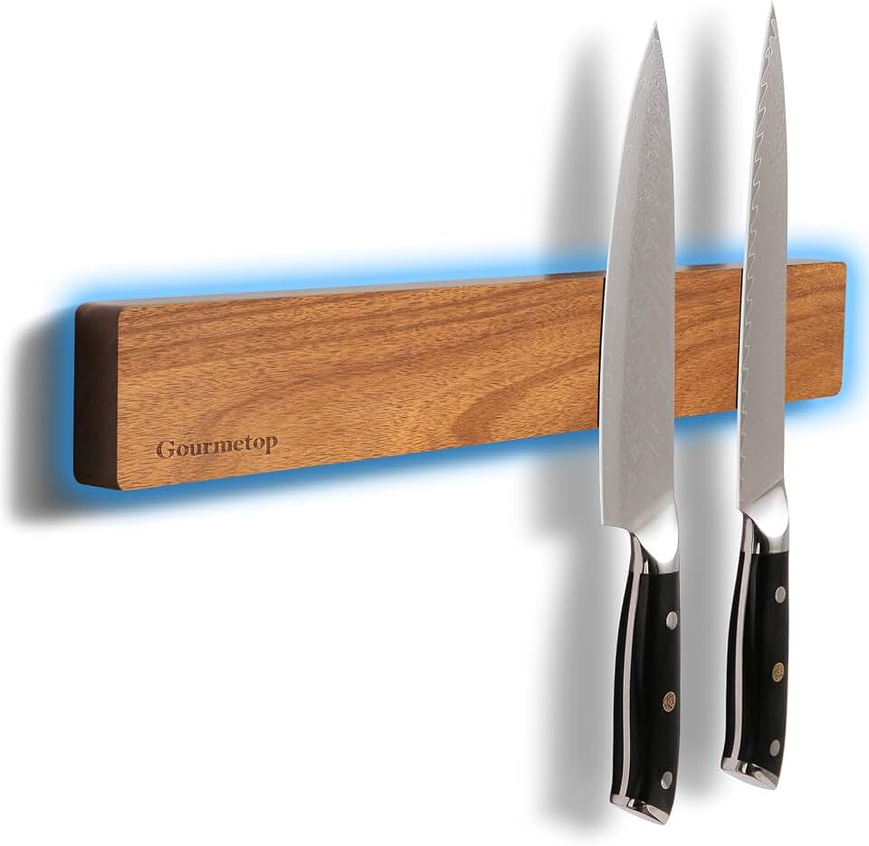 Gourmetop Magnetic Knife Holder for Wall 16”, Acacia Wood, No Drill Fridge | Strong Dual-Row Magnet Holds 9 Knives &amp; Heavy Cleaver, 3M Adhesive Tape &amp; Screw Mount, Kitchen Knife &amp; Utensil Organizer