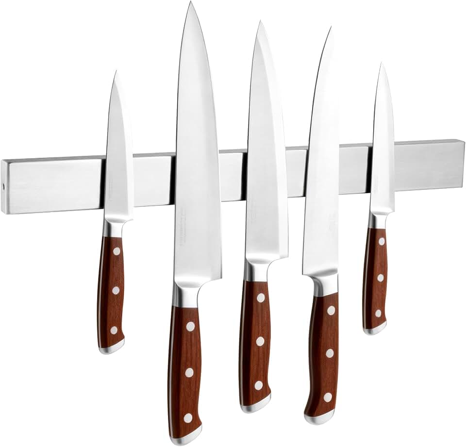 YC Kitchen Magnetic Knife Holder for Wall, 16 Inch Knife Magnetic Strip | Stainless Steel ,for Knives, Tools, Supplies - Drilling incl/Self Adhesive Tape，with 2 hooks