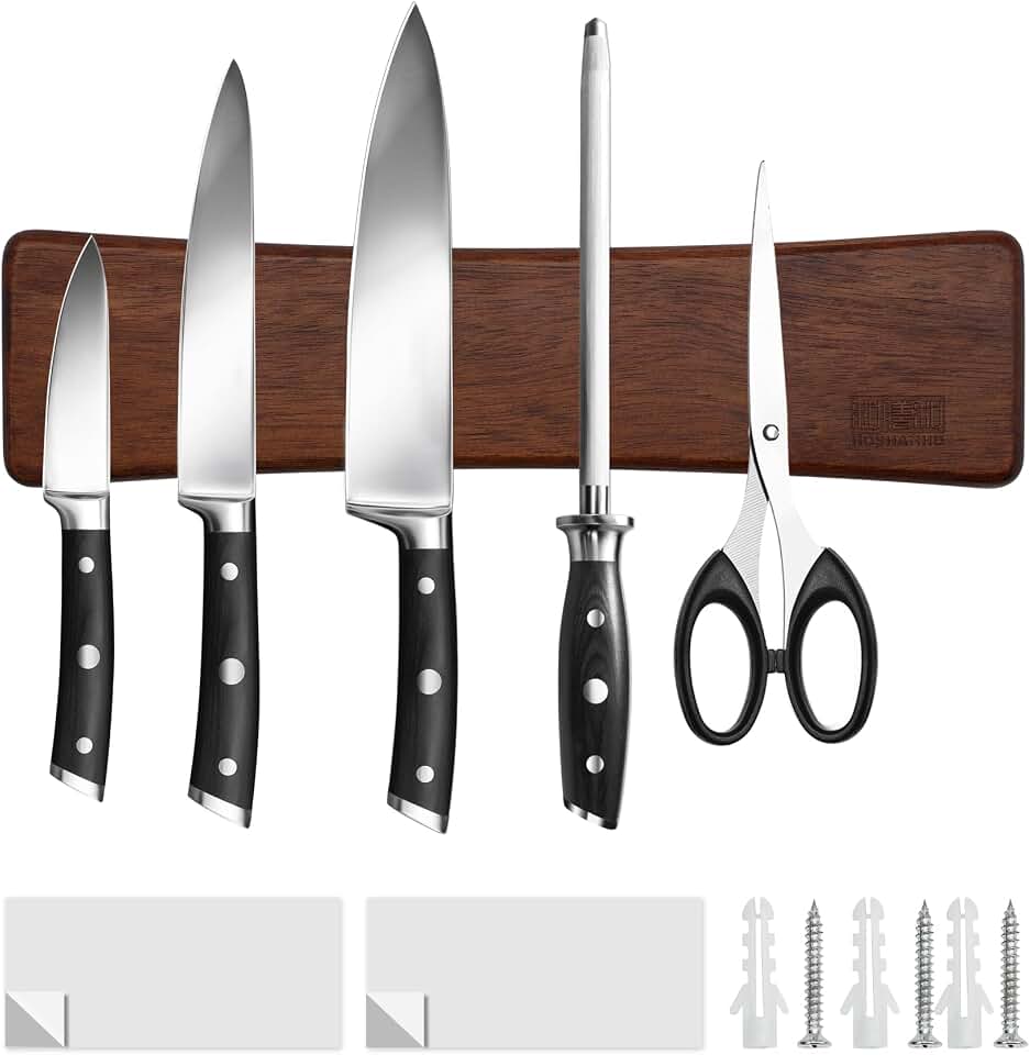HOSHANHO Knife Magnetic Strip, Acacia Wood Powerful Magnetic Knife Holder | Magnetic Knife Holder for Wall 10 Inch Use as Magnetic Tool Organizer, Home Utensil Organizer