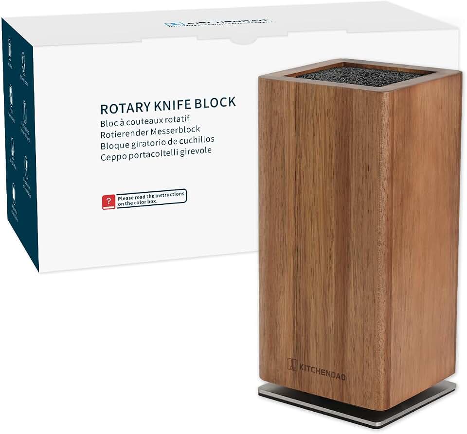 KITCHENDAO Magnetic Knife Block without Knives, 360° Rotatable Acacia Wood Knife Holder, Large Knife Storage with Magnet for Knives &amp; Utensils, Kitchen Countertop Organizer