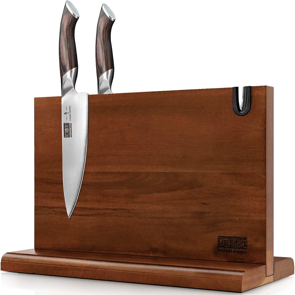 HOSHANHO Magnetic Knife Block 14 x 10", Double Sided Magnetic Knife Holder | Magnetic Knife Storage Stand for Kitchen Counter, Acacia Wood Knife Stand Rack with Knife Sharpener, Kitchen Organizer, Gifts