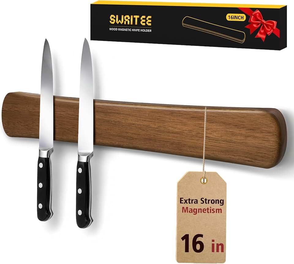 Magnetic Knife Holder, 16 Inch Acacia Wood Knife Strip for Wall or Fridge | Fridge Magnetic or Screw-Mounted, Strong Magnet Secures Knives, Space-Saving, Kitchen Knife Storage, Housewarming Gift