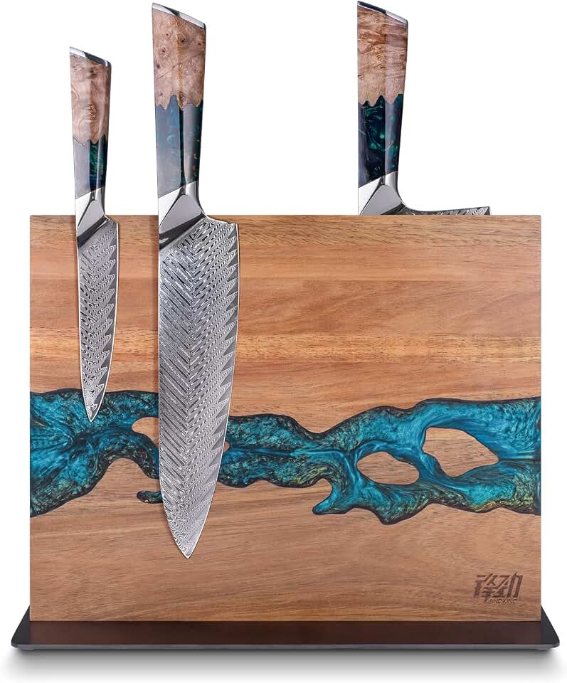 FINDKING Magnetic Knife Block, Double Sided Holder, Powerful Magnet Kitchen Storage, Acacia Wood and Blue Resin (12 x 10 Inches, Without Knives)