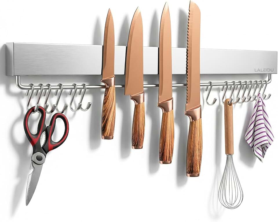 23 Inch Magnetic Knife Holder for Wall - Magnetic Knife Strip with Strong Magnets, Stainless Steel Magnetic Knife Bar with 15 Hooks/Adhesive Tape/Screws, Wall Mounted Knife Storage for Kitchen