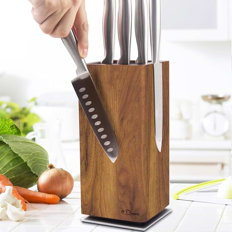 Dmore magnetic knife block without knives 360° rotatable knife holder stand | Made of fine acacia wood, Extra Large capacity knife storage for knives and utensils for kitchen counter top