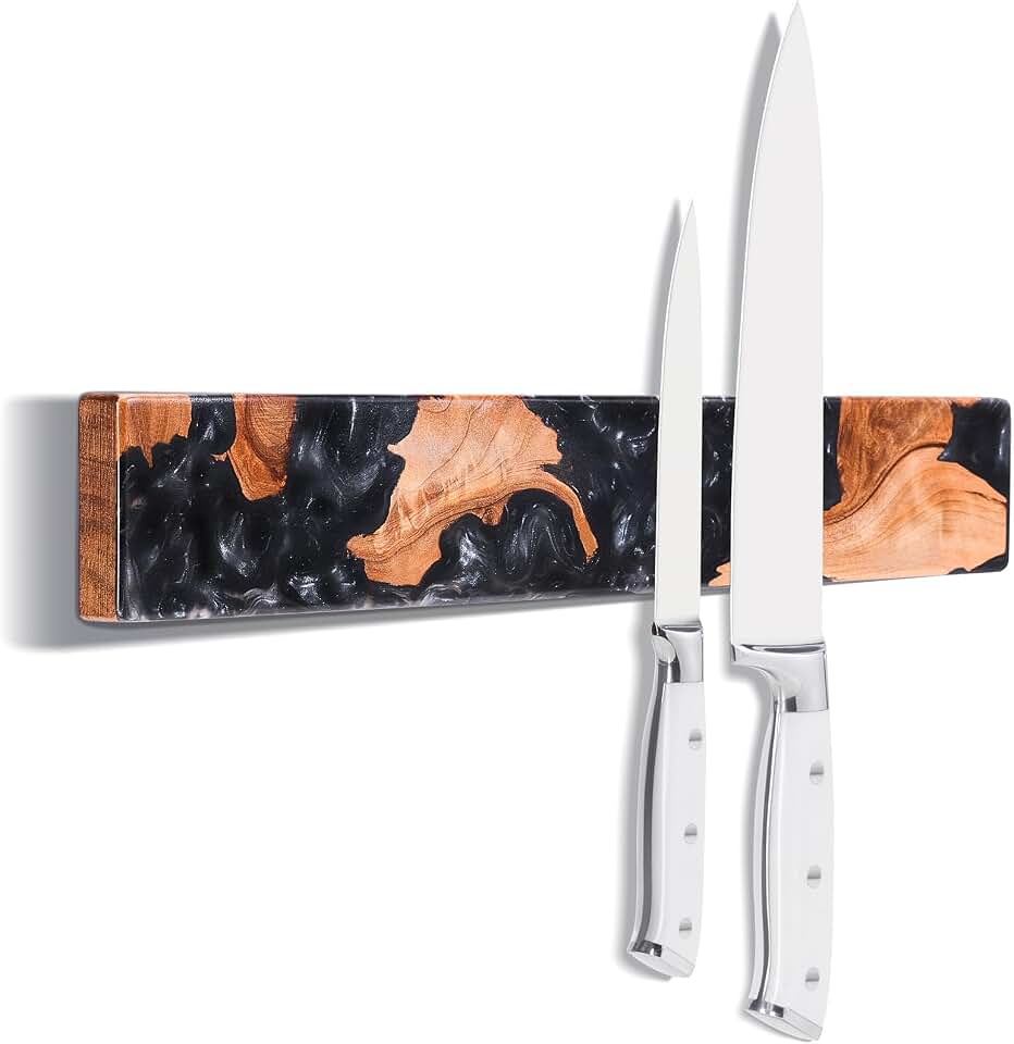 Magnetic Knife Holder for Wall, 16 Inch Burl Wood &amp; Black Resin Strip | Acacia Burl Wood &amp; Black Resin Design, Strong Magnetic Hold, Premium Kitchen Organization for Modern Homes and Cooking Spaces