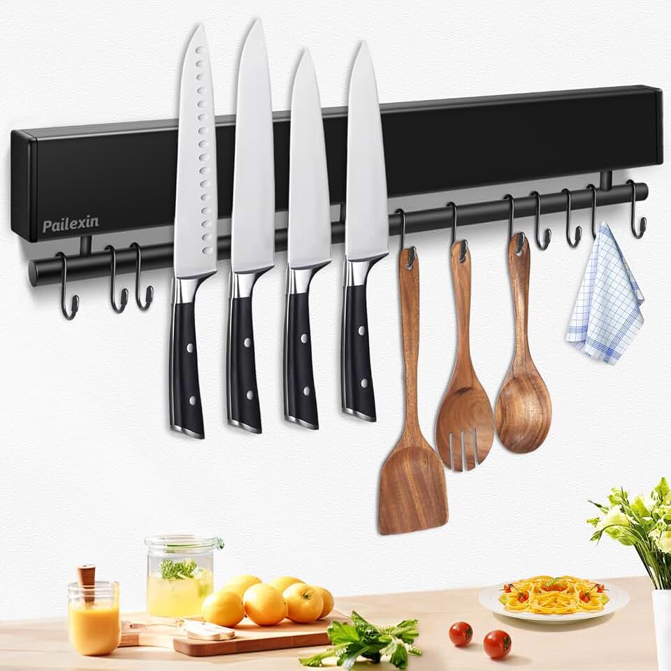 17 inch magnetic knife holder with 10 hooks, No Drilling, Black | Stainless Steel knife magnetic strip and utensil hanger for wall, Powerful knife magnet rack include tape and screws