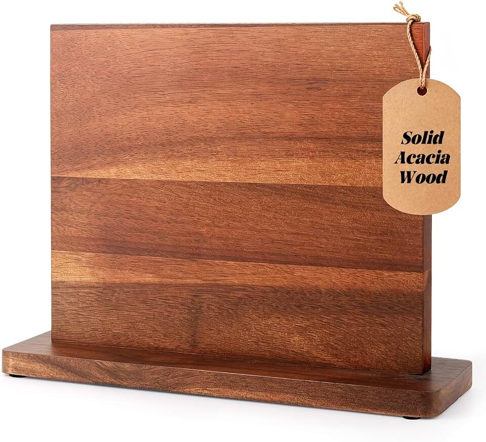 Magnetic Knife Block Wooden Knife Holder Rack for Knives Storage Stand | Large Solid Acacia Pre-assembled Double-Sided Strong Enhanced Magnet Knife Open-air Storage Weighted Base Fits 10-15 Knives