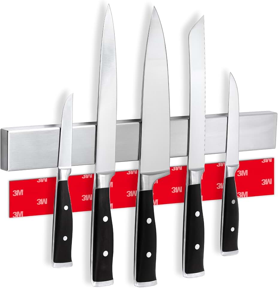 Magnetic Knife Holder for Wall 16" - No Drilling incl. Self Adhesive Tape - Extra strong Magnet - Awarded Strip - Made of Stainless Steel