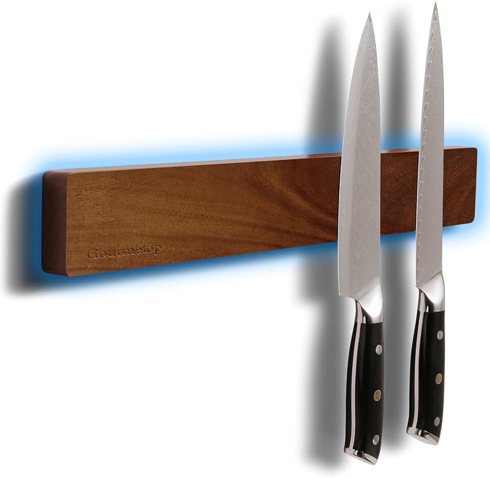 Gourmetop Knife Magnetic Strip 16”, Acacia Wood Knife Holder for Wall Moun | No Drill for Fridge, Dual-Row Magnet Hold 9 Knives &amp; Heavy Cleaver, 3M Tape &amp; Screw Mount, Kitchen Knife &amp; Utensil Organizer