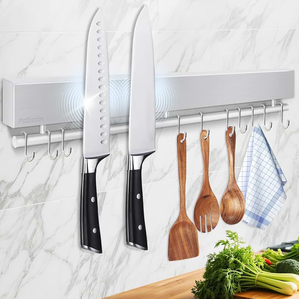 17" Magnetic Knife Holder for Wall, Stainless Steel Knife Magnetic Strip | No Drill with 10 Hooks/Adhesive Tape/Screws, Kitchen Utensil Holder, Magnetic Knife Organizer, Wall Mounted Knife Storage