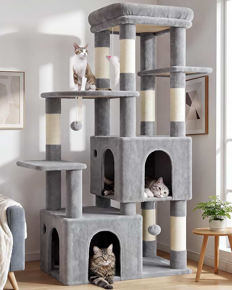 Globlazer Heavy Duty Cat Trees for Big Cats Maine Coon, F61, Light Grey | Cat Tower for Indoor Large Adult Cats with Scratching Post, Extra Large Top Perch, Cat Condos, 61inch Global Recycled Standard