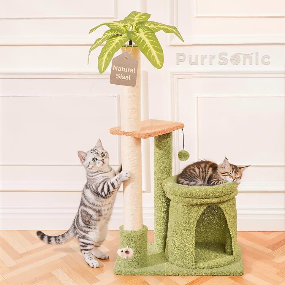 Cat Tree Tower with Scratching Post Bed Condo for Indoor Kitten | Tall Sturdy Corner Sisal Scratcher Stand, with Green Carpet Realistic Leaves, Compact Modern Climbing House, for 20 lbs Kitty