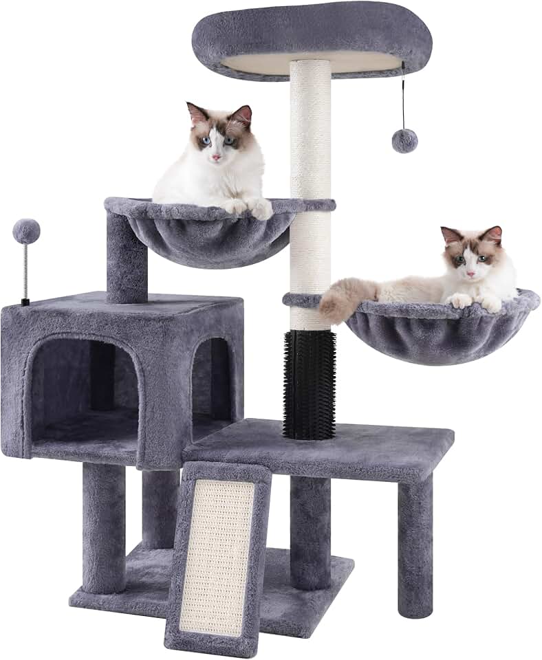 ROYPET 3-Tier Grey Cat Tree Tower with Hammocks (Grey, 39.4'') | Condo, Rope Ladder, Scratching Posts, Natural Sisal, Replaceable Hanging Balls, Sturdy Cat Furniture for Kitten &amp; Adult Cat