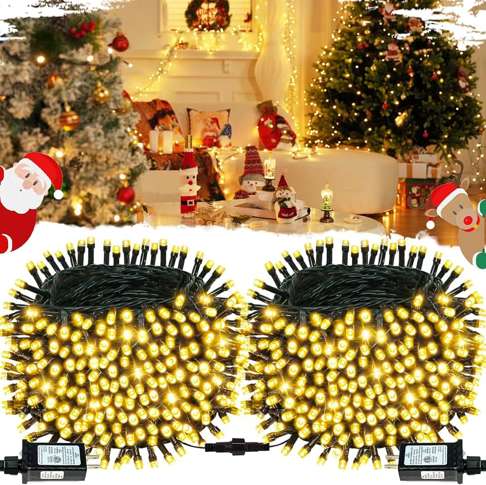 OZS Connectable 2-Pack 164Ft 400LED Christmas String Lights, Warm White | 13 Modes and Timer; IP44 Waterproof Green Wire Twinkle Lights for Indoor Outdoor Christmas Trees, Porches, Patios and Gardens