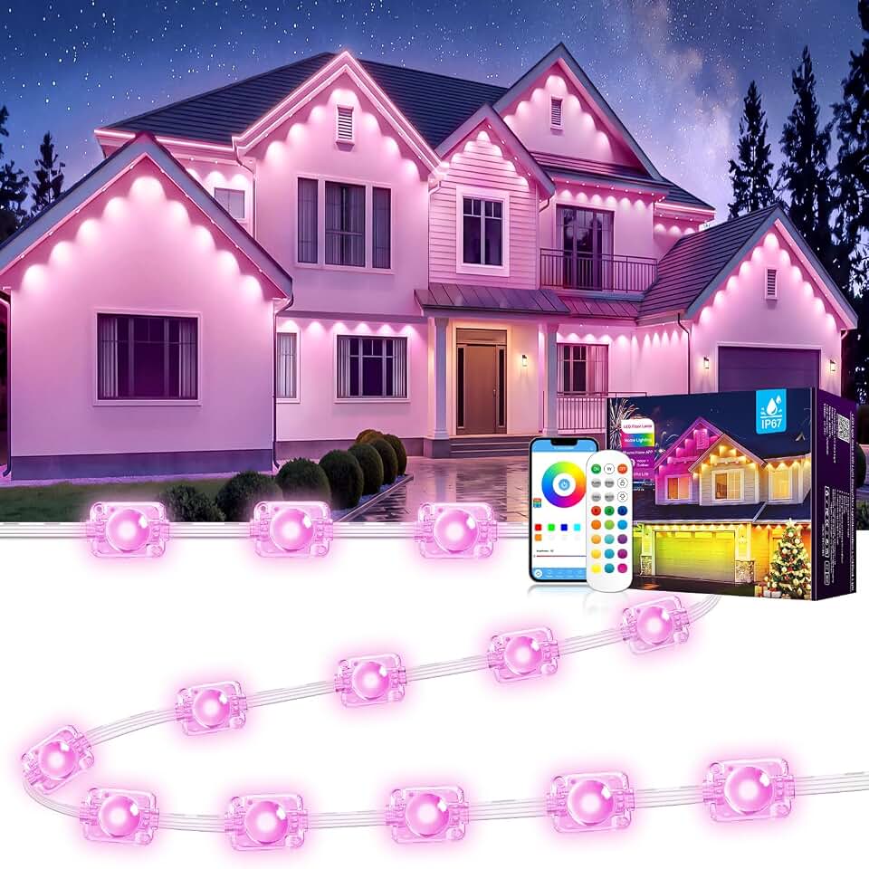 200FT RGB Permanent Outdoor Eaves Lights with App Remote, IP67 LED Bulbs | Roofline patio backyard lighting for fall decor, Halloween, Thanksgiving, Christmas and holiday home displays