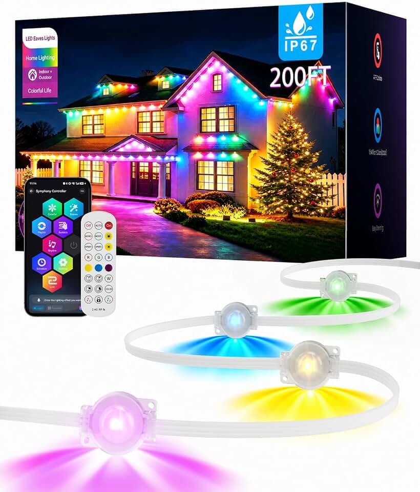 200FT Permanent Outdoor Lights for House, Smart RGBIC Outdoor Eaves Lights, App &amp; Remote Control, IP67 Waterproof LED Roof Lights, Warm White, DIY Christmas, Halloween, Holiday Decorations