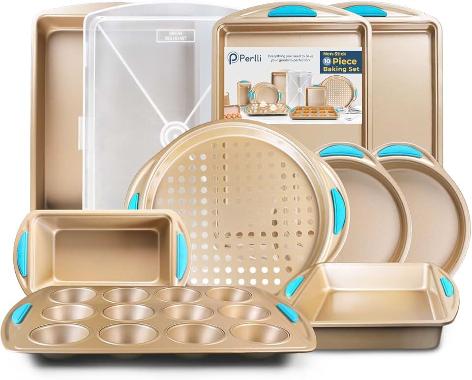 Perlli Baking Kit: Nonstick Gold Steel Oven Set - 10 Pieces, Cookie Sheets, Cake Pans, 9x13 Pan with Lid, Loaf &amp; Deep Pans, Pizza Crisper, Muffin Pan - Silicone Handles