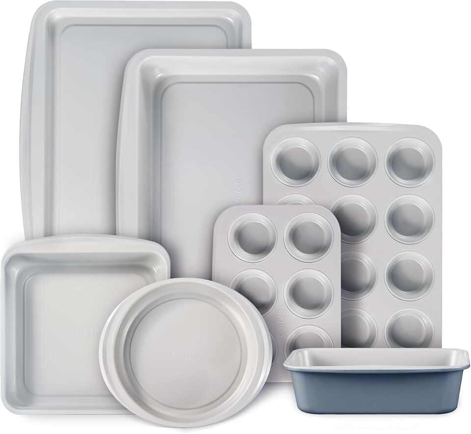 CAROTE 7-Piece Baking Pans Set, Nonstick Bakeware Sets, Gray &amp; Blue | Cookie Sheets, Muffin, Bread, Cake, Loaf, Roasting Pan, Easy-Release, Oven Safe Up to 446°F, PFAS-Free, Stackable, Kitchen, Gift