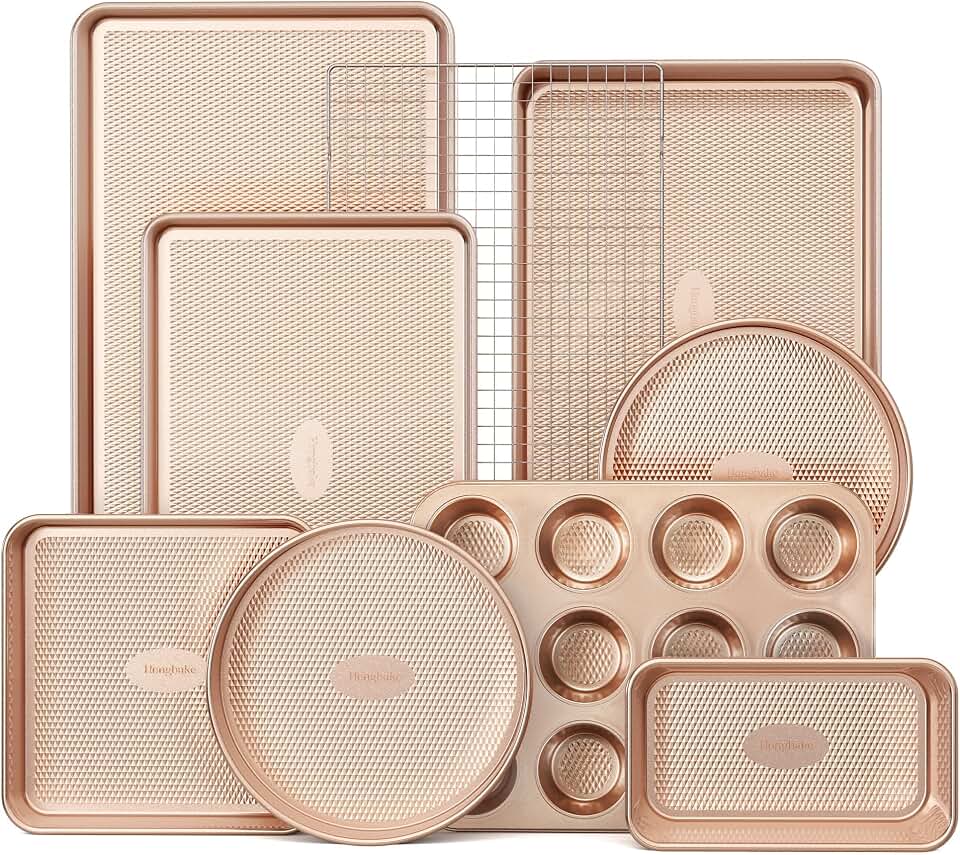 HONGBAKE 9-Piece Baking Pans Set Nonstick, Stackable Non Toxic Bakeware Sets featuring Diamond Texture, Oven Pan Set for Cooking, Includes Cookie Sheet with Rack, Cake Pan, Roasting Pan, Muffin Tin, Gold Recycled Claim Standard Blended